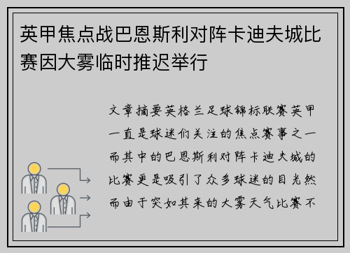 英甲焦点战巴恩斯利对阵卡迪夫城比赛因大雾临时推迟举行
