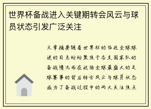 世界杯备战进入关键期转会风云与球员状态引发广泛关注