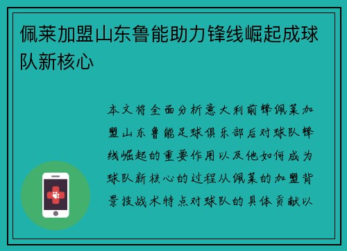 佩莱加盟山东鲁能助力锋线崛起成球队新核心